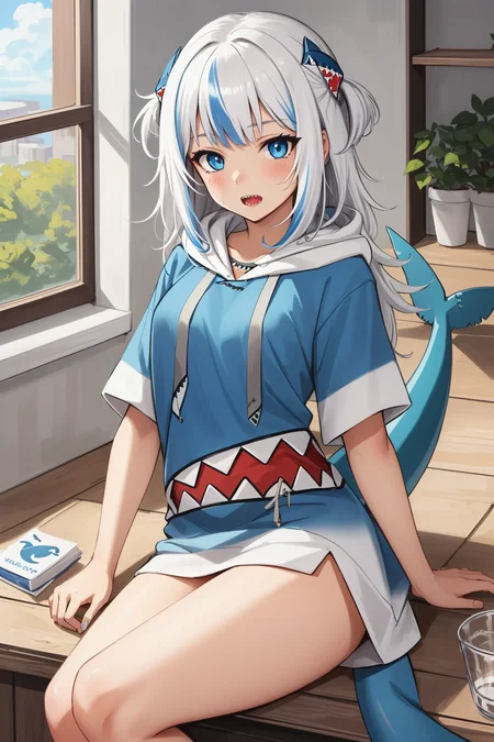 best quality, intricate details, 

1girl, white hair, blue eyes, sharp eyes,messy hair, blue highlights, sharp teeth, 

blue hoodie, shark teeth design, bare legs, hair ornament, gawr gura, shark girl, shark tail, shark print, blue hoodie, sharp teeth, animal hood, shark hair ornament,  <lora:gawrGuraHololive_v3:0.8>