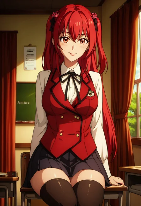 score_9, score_8_up, score_7_up,
masterpiece, best quality, detailed, amazing quality,
detailed face, beautiful color,
detailed background, 
solo, 1girl, amelia_rose, red hair, uniform, thighhighs, smile, blushing, sitting on school chair, writing in notebook,
kyoushitsu, classroom, indoors, school chair, school desk, chalkboard, window, ceiling light, curtains, tree,