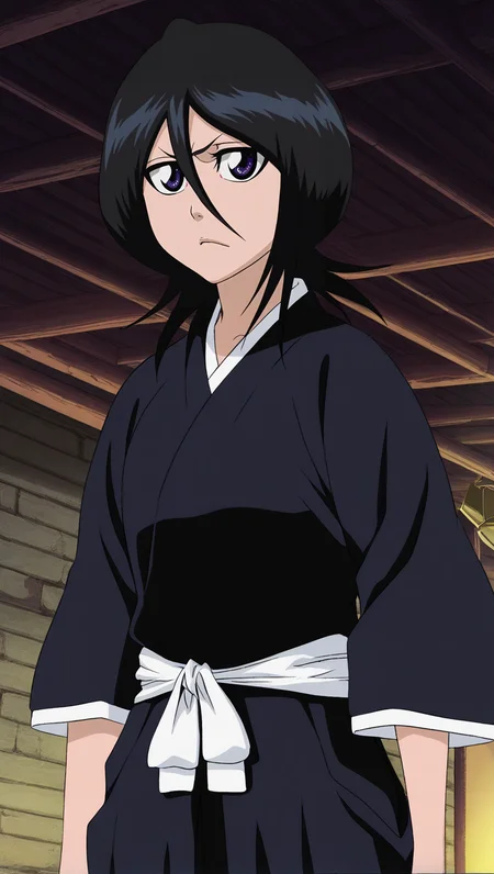 source_anime, masterpiece, best quality, amazing quality, anime screencap, high quality, 8k, absurdres, official style, 1girl, solo, looking at viewer, serious, standing, <lora:Rukia_Kuchiki_Pre_iL:1>, ruk14 pre, purple eyes, black hair, short hair, hair between eyes, soul reaper outfit, japanese clothes, kimono, black kimono, waraji, hakama, black hakama,