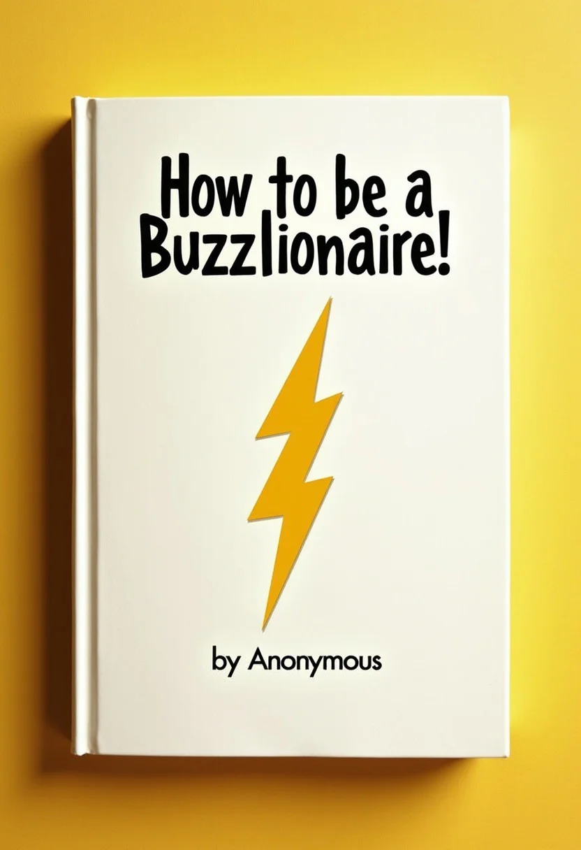 from above, a book with white cover with a title "How to be a Buzzlionaire", author name "by Anonymous", one Big Yellow Thunder symbol on background