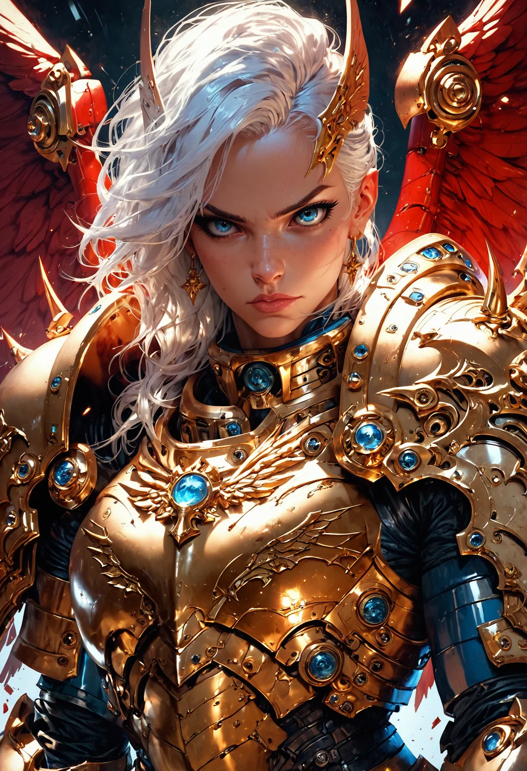 (score_9, score_8_up), score_7_up, zPDXL, solo, <lora:MythP0rtr4itStyle:1>, mythp0rt, 1girl, armor, weapon, wings, solo, shoulder armor, blue eyes, pauldrons, white hair, looking at viewer, power armor