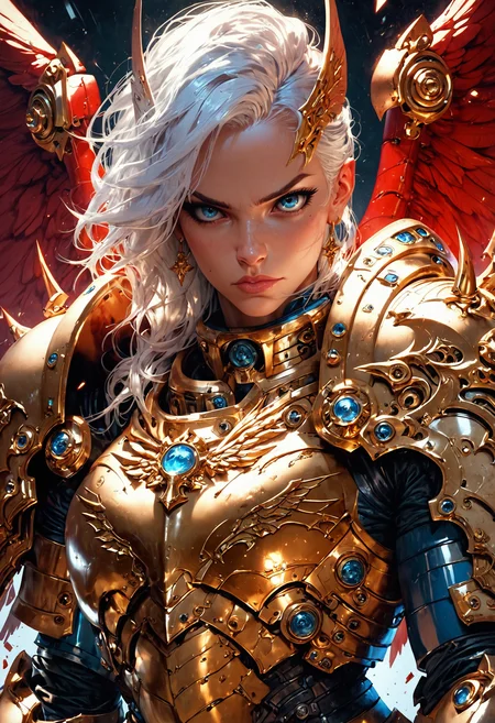 (score_9, score_8_up), score_7_up, zPDXL, solo, <lora:MythP0rtr4itStyle:1>, mythp0rt, 1girl, armor, weapon, wings, solo, shoulder armor, blue eyes, pauldrons, white hair, looking at viewer, power armor