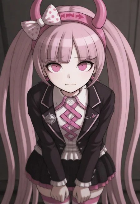 masterpiece, best quality, amazing quality, kotoko, pink hair, pink eyes, long hair, very long hair, twintails, blunt bangs, horned hairband, bow,