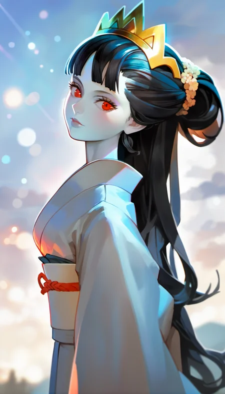 score_9,score_8_up,score_7_up,
<lora:vanillaStyle3:0.9>,
vanillastyle,
1girl,solo,pale skin,black hair,long hair,half updo,blunt bangs,red eyes,looking at viewer,golden headdress,pure white robe, white obi,portrait,face focus,from side,white background,
blurry background,outdoors,blue sky,particle lights,lens_flare,hills,morning,
