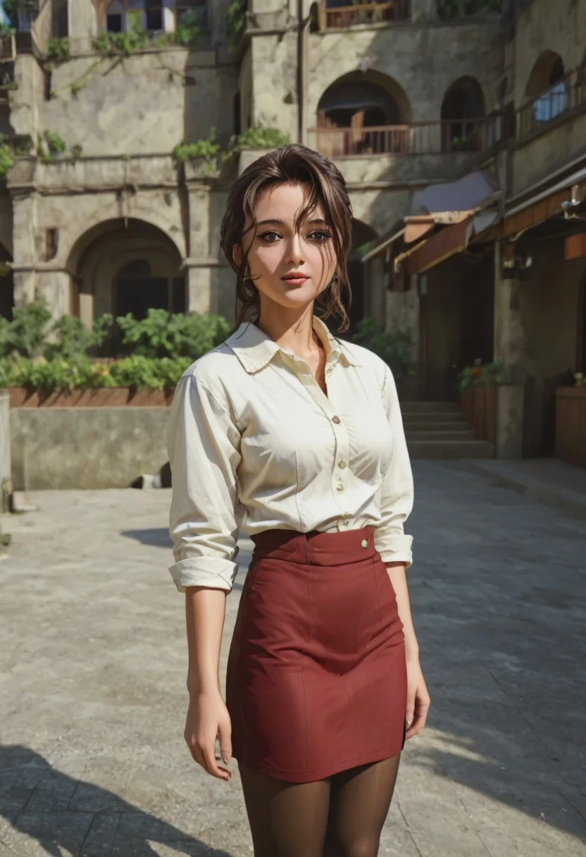 Low_Realism_2xx_By_Stable_Yogi, Albrecht_Labs_Pony, outdoors, MagicalKananHiragiEmi, 1girl, milf, retro artstyle, 1990s (style), pantyhose, light yellow collared shirt with sleeves rolled up, dark red pencil skirt,