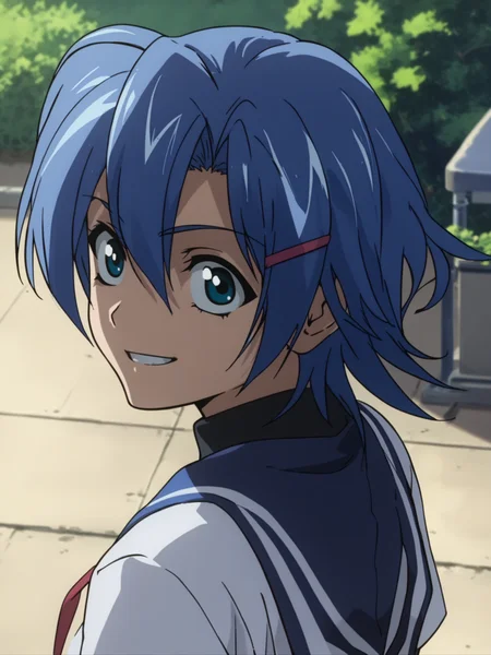 <lora:happy_tentacle-junko-v0.2:1>, ht_junko, blue hair, school uniform, school , 1girl, solo, upper body , (unusually open eyes :1.2) , ( surprised , smile :1.1), looking up , from back , score_9, score_8_up, score_7_up, score_6_up, score_5_up, score_4_up