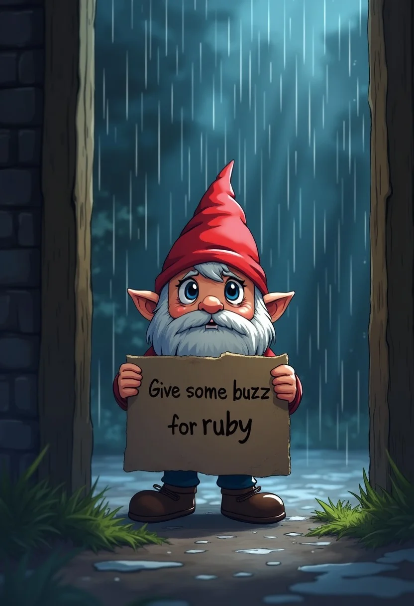 tiny frightened gnome standing in front of you with very cute big eyes, holding cardboard with text "Give some buzz for ruby", looking up at you, cute big pupils with tears, night, heavy rain, light from doorframe, white beard, soft lightning, soft shadows, anime style