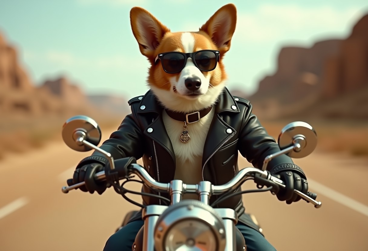 Feral corgi in biker glasses and a biker jacket rides a biker motorcycle in Texas. Realism, masterpiece, vignette.