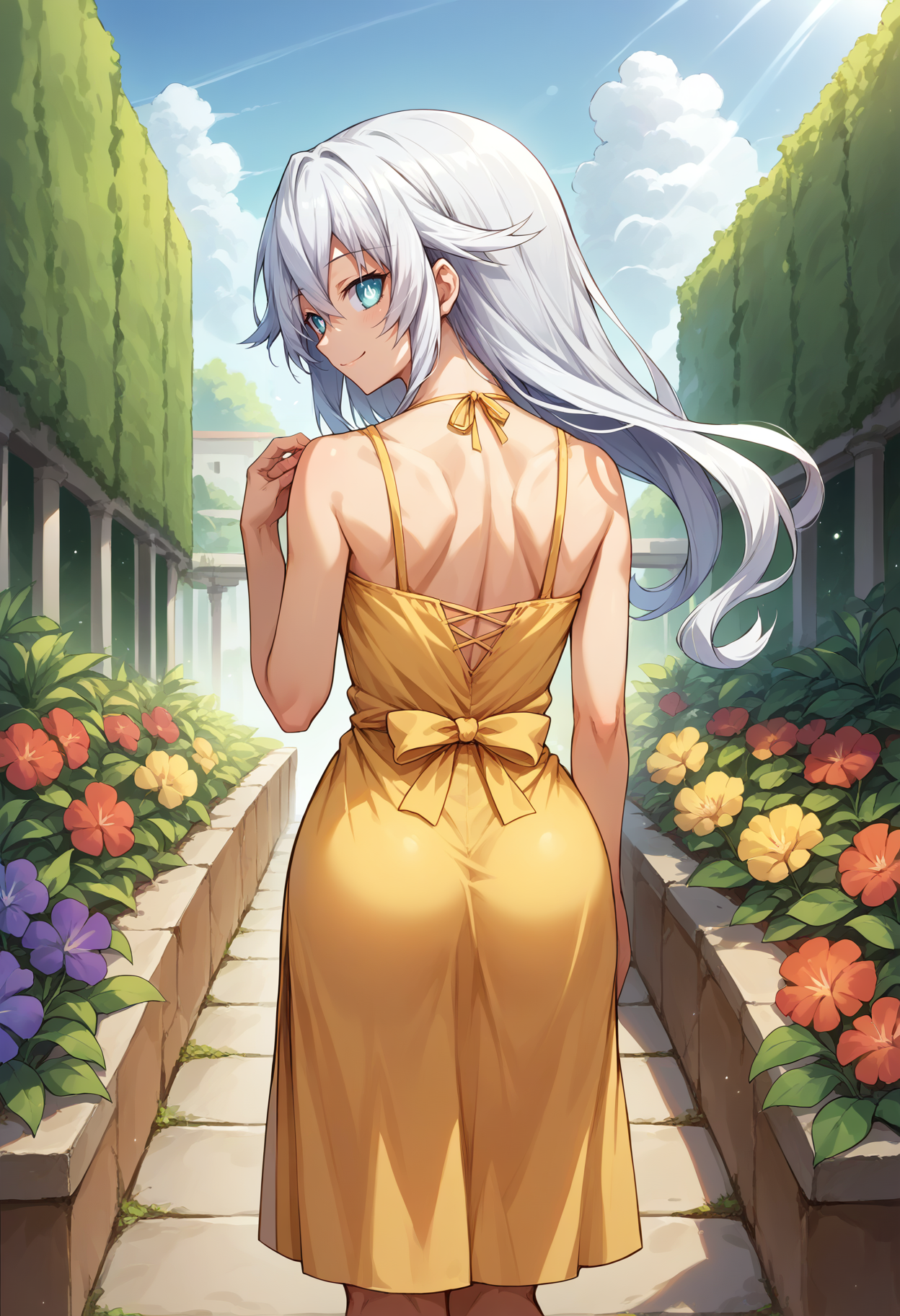 score_9, score_8_up, source_anime, 1girl, solo, BlackHeart, power symbol-shaped pupils, from behind, yellow sundress, garden, day, sunshine, smile, looking back, <lora:ChamBlackHeartPonyXL:1>