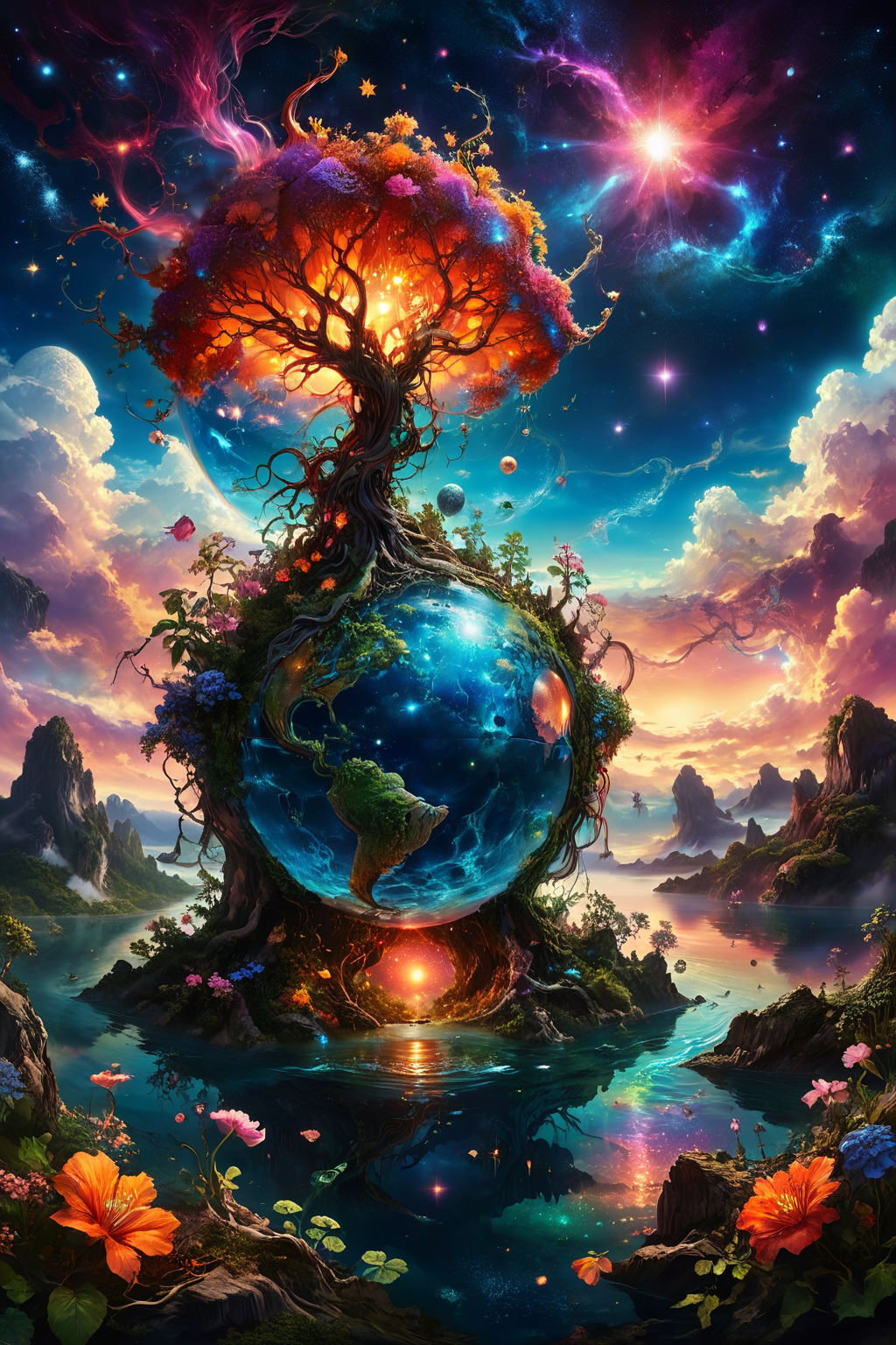 A surreal, fantastical scene featuring a bizarre plant that has grown into the shape of the Earth. The plant's tendrils wrap around the globe, with vibrant leaves and flowers blooming from its surface. The Earth is depicted with exaggerated, glowing colors, and the continents are interwoven with the plant's roots and vines. The background features a dreamy, otherworldly landscape with floating islands and a star-filled sky. The atmosphere is mystical and enchanting, blending the natural beauty of the plant with the surreal image of the Earth. Fantasy, surreal, high-definition, magical, vibrant, detailed, enchanting, mystical, imaginative, otherworldly, glowing, intricate, dynamic. transparent earth, glowing earth,
<lora:ral-mtclniscp-sdxl:0.6> ral-mtclniscp,
<lora:add-detail-xl:1.0>,
<lora:EldritchMixIllustration_1.0:0.35>,
<lora:WildcardX-XL-Detail-Enhancer:0.85>,
<lora:quality1:1.0>,
<lora:extremely_detailed:1.0>, extremely detailed,
<lora:SDXLFaeTastic2400:0.35>
