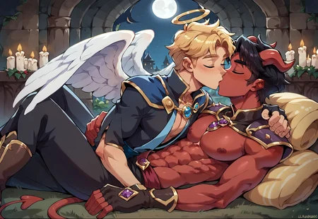8k, score_9, score_8_up, score_7_up, masterpiece, 2boys, duo, muscular twinks, broad shoulders, slim waist, lean, young, handsome, cute face,
(L1AM, demon boy, black hair, yellow eyes, red skin, black demon wings, demon horns, pointy tail, intricate black robe, red capelet, red sash, gold trim, purple gem amulet, fingerless gloves, bracers, thighhigh boots),
(N0AH, angel boy, blonde hair, purple eyes, (white angel wings), halo, intricate white robe, shoulder pads, blue capelet, blue sash, sapphire amulet, fingerless gloves, bracers, thighhigh boots),
gay, wild kiss, closed eyes, kiss, lying on the ground, couple focus,
cathedral ruins, indoors, in the night, nighttime, moon, lit candles. dark city in the background,