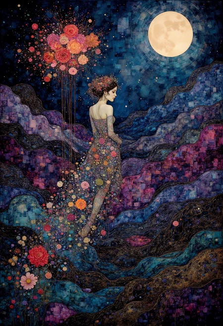 Immerse yourself in an ethereal abstract oil painting where color harmonies intertwine with mystical elements. A transient female figure dissolves into surrealistic floral curves, merging seamlessly with the undulating hills beneath her. As she descends gracefully into the canvas, shimmering colors transform into waves of vibrant hues, blending nebulous black with luminescent purples and ultramarine blues. Delicate streaks of gold blend organically into lush greens, creating a dreamlike landscape that transports you to realms unknown. The enigmatic glow of an elusive full moon illuminates this captivating spectacle, casting shadows that dance upon the canvas in an eternal ballet of light and darkness. Here lies an artistic voyage into the depths of surrealism and abstract expressionism, where reality fades into a harmonious dance of color, shape, and texture. ,<lora:flux/fav/Digital painting V1.safetensors:1.0:1.0>