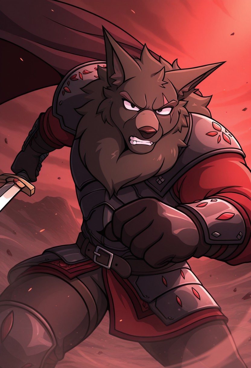 <lora:Lyall_ILXL:1>, solo, lyall, furry, scar across eye, looking at viewer, muscular, dark eyes, armor, gloves cape, belt, BREAK masterpiece, best quality, amazing quality, very aesthetic, high resolution, absurdres, detailed background, detailed eyes, beautiful, scenery, clenched teeth, angry, separate focus, 4K, detailed fur, detailed muscles, dramatic lighting, sword, lunging forward, attacking, action pose, aggressive, motion blur, intense gaze