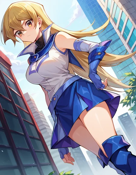 score_9, score_8_up, score_7_up, source_anime,
asukatenjouin, <lora:asuka-tenjouin-ponyxl-lora-nochekaiser:1>
asuka tenjouin, blonde hair, brown eyes, hair between eyes, long hair, straight hair, very long hair,
blue footwear, blue gloves, blue skirt, boots, duel academy uniform (yu-gi-oh! gx), elbow gloves, fingerless gloves, gloves, jacket, miniskirt, skirt, sleeveless, sleeveless jacket, sleeveless shirt, white jacket,
outdoors, cityscape,
looking at viewer, cowboy shot, dutch angle,