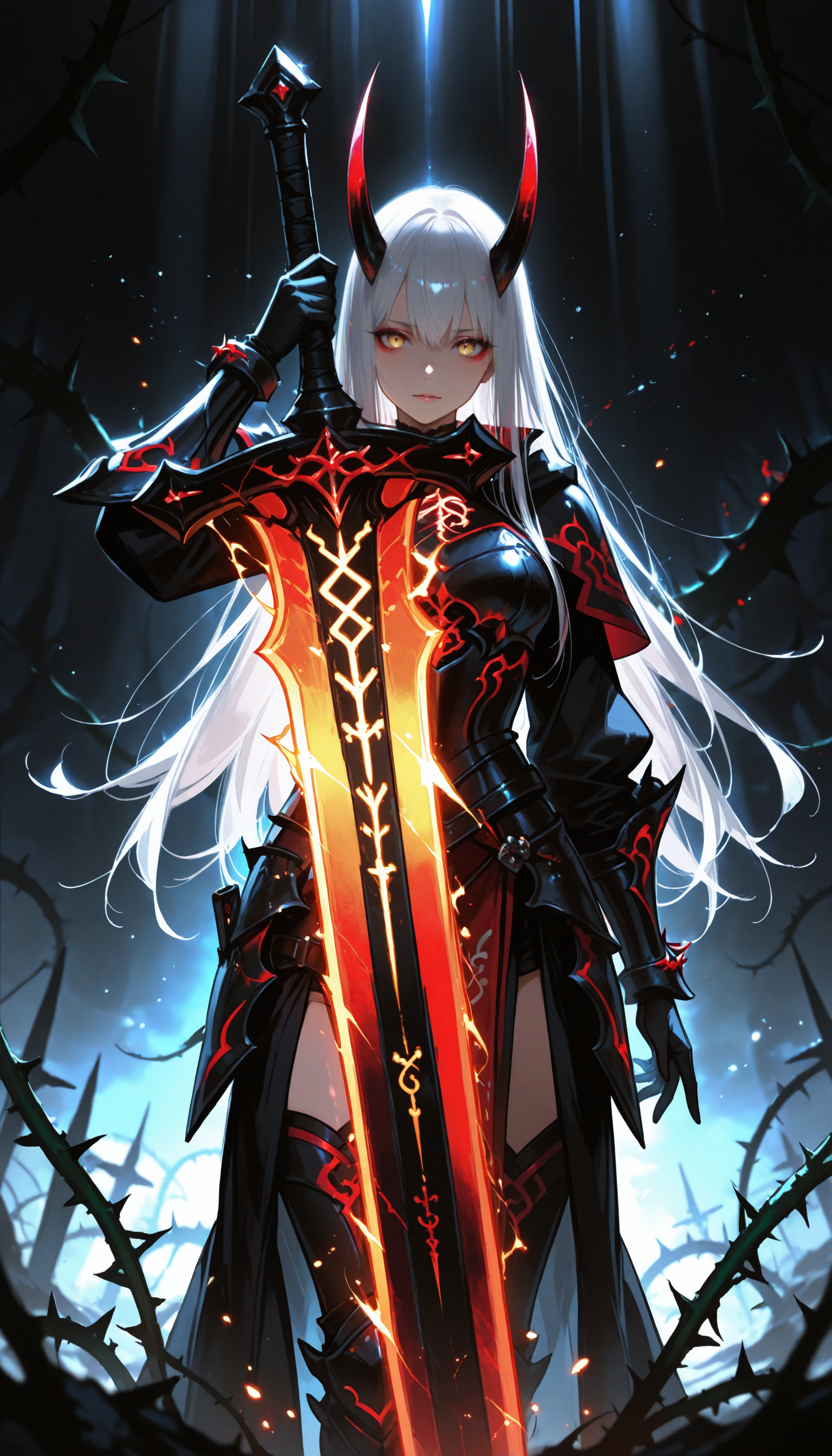 masterpiece, best quality, amazing quality, very aesthetic, absurdres, newest, dark background, backlighting, muted colors, nsfw, uncensored, ambient occlusion, raytracing, soft lighting, bloom effect, absolutely eye-catching, particles, soft glow, intricate cinematic background, backlighting, (sexy, slutty, seductive),
<break>
1girl, armored female, goddess of thunder, holding a sword, <break>
1girl, huge magical sword surrounded by (light particles:1.2),(flare:1.2)light rays, <break>
1girl, the sword is engraved with runes, sword with backlighting, thorns around sword, bloody thorns,<break>
1girl, huge weapon, sword, armored, adorned horns glowing, darkness, backlighting, black thunder, blurry, vines, thorns, dim background, dark background,
<segment:face,0.4,0.5//cid=1> detailed face,