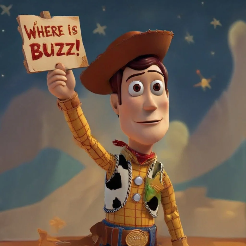 Woody holding a sign with text "where is buzz?" <lora:buzz-text:1>
Buzz lightyear flying in background