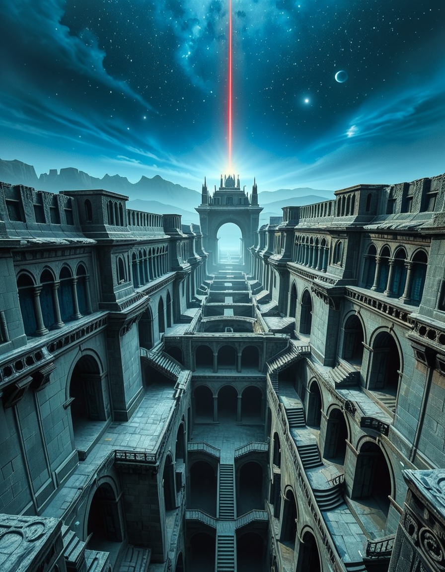 A vast, nightmarish labyrinth stretching endlessly into the horizon, its architecture a fusion of brutalist and gothic styles. The towering stone walls are cold, weathered, and adorned with eerie, ancient carvings. Deep chasms divide the labyrinth, revealing endless layers of arches and staircases that descend into an abyss of darkness. The atmosphere is thick with an unsettling silence, broken only by distant whispers and echoes of unseen entities.
A strange, ominous red beam pierces the sky from a distant point at the horizon, casting an eerie glow over the surreal landscape. The sky above is an unnatural, deep blue, devoid of stars, shrouded in a thick, ominous haze. Shadows stretch unnaturally long, twisting and shifting as if alive.
The entire scene evokes a sense of isolation and dread, as if trapped in an inescapable nightmare. The labyrinthâs geometry seems almost impossible, defying logic with staircases leading to nowhere and corridors looping endlessly. A place where time feels distorted, and reality itself is uncertain.
Style & Mood:
    Dark surrealism, Lovecraftian horror
    Cinematic, high-detail, eerie lighting
    Atmospheric perspective, emphasizing scale and depth
    Inspired by the works of ZdzisÅaw BeksiÅski and H.R. Giger
<lora:SDXLFaeTastic2400:0.4> <lora:extremely_detailed:0.4> extremely detailed, <lora:nightmarish_l4byr1nth:1>,nightmarish l4byr1nth, Masterpiece,best quality,hi res,8k,hi res,8k,award winning,(sharp focus, intricate, highly detailed),