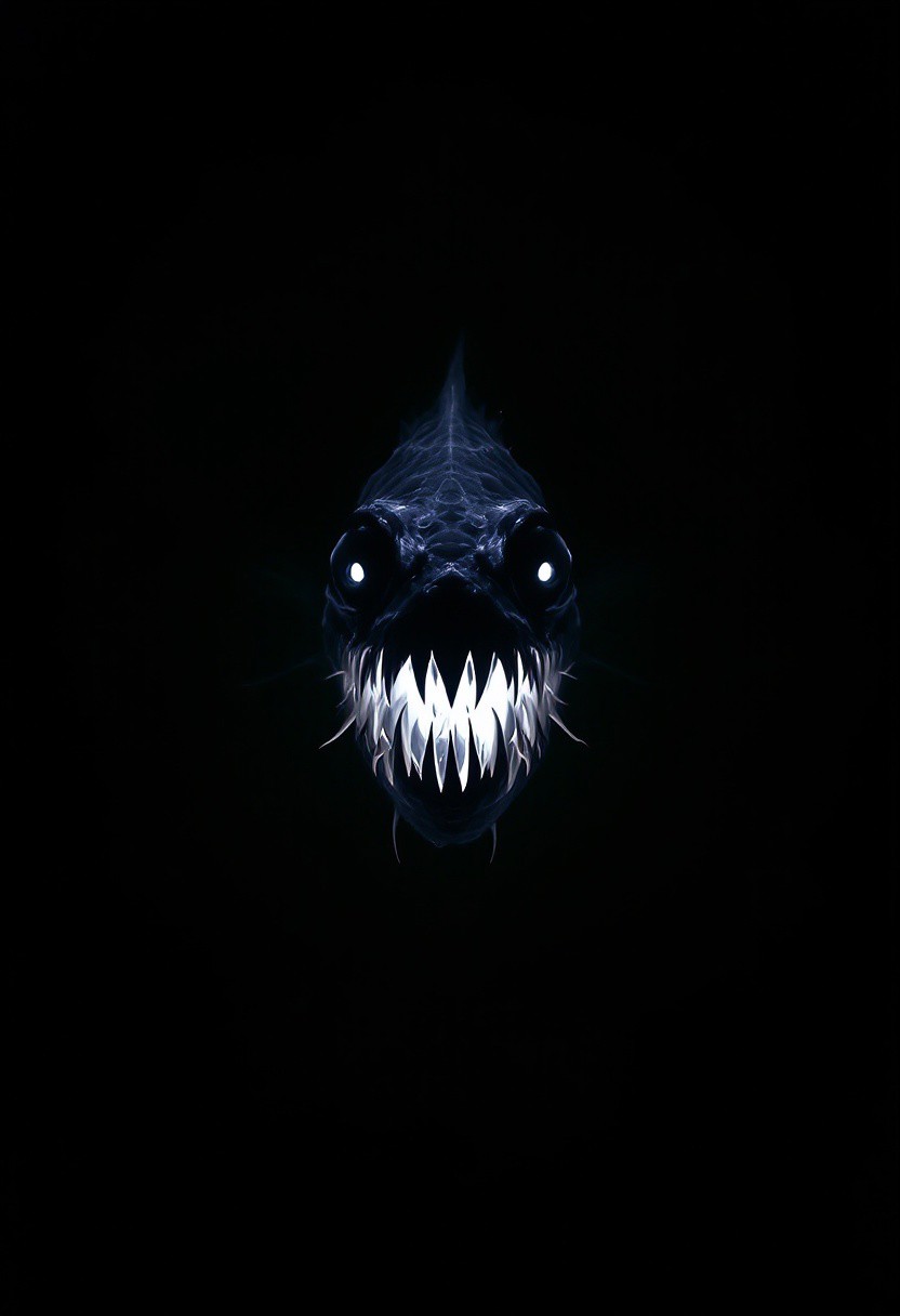 In the abyssal void of ink-black water, a single, ghostly glow pulses—a lure suspended in the endless dark. Around it, the anglerfish’s face materializes, jagged and grotesque, its needle-teeth gleaming like shattered glass in the faint, bioluminescent halo. The rest of its body is swallowed by the depths, formless, seamless, as if the darkness itself had grown jaws. The light does not spill beyond its maw; it only serves to illuminate the horror—a half-visible specter of hunger, floating in nothingness. No ripples, no reflections, just that cruel, grinning visage, a lantern in the void, beckoning, always beckoning, into the infinite black.
(The stark minimalism remains, but now with the eerie, deceptive allure of the anglerfish—its face and teeth starkly lit, the rest of it a hidden nightmare.