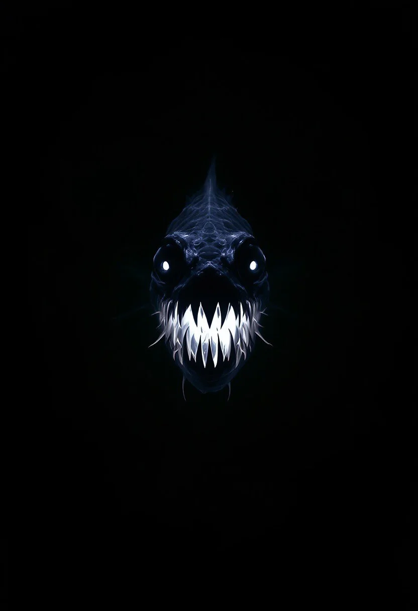 In the abyssal void of ink-black water, a single, ghostly glow pulses—a lure suspended in the endless dark. Around it, the anglerfish’s face materializes, jagged and grotesque, its needle-teeth gleaming like shattered glass in the faint, bioluminescent halo. The rest of its body is swallowed by the depths, formless, seamless, as if the darkness itself had grown jaws. The light does not spill beyond its maw; it only serves to illuminate the horror—a half-visible specter of hunger, floating in nothingness. No ripples, no reflections, just that cruel, grinning visage, a lantern in the void, beckoning, always beckoning, into the infinite black.
(The stark minimalism remains, but now with the eerie, deceptive allure of the anglerfish—its face and teeth starkly lit, the rest of it a hidden nightmare.