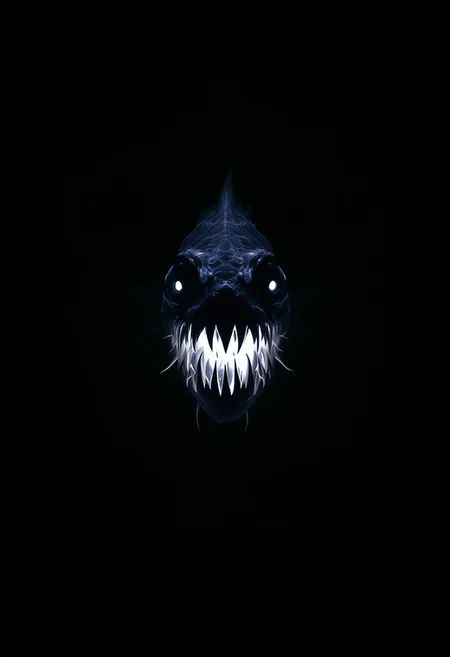 In the abyssal void of ink-black water, a single, ghostly glow pulses—a lure suspended in the endless dark. Around it, the anglerfish’s face materializes, jagged and grotesque, its needle-teeth gleaming like shattered glass in the faint, bioluminescent halo. The rest of its body is swallowed by the depths, formless, seamless, as if the darkness itself had grown jaws. The light does not spill beyond its maw; it only serves to illuminate the horror—a half-visible specter of hunger, floating in nothingness. No ripples, no reflections, just that cruel, grinning visage, a lantern in the void, beckoning, always beckoning, into the infinite black.
(The stark minimalism remains, but now with the eerie, deceptive allure of the anglerfish—its face and teeth starkly lit, the rest of it a hidden nightmare.