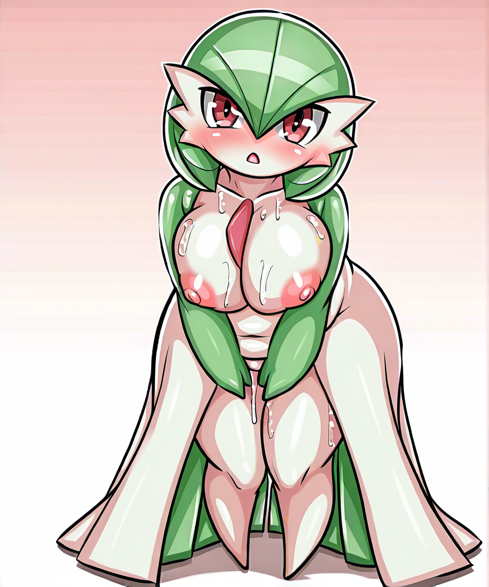 <lora:Type_Artist_Style_Illustrious:1>, creator:type, gardevoir, pokemon, cute, chubby, pinup, big breasts, light red background, gradient background, looking into viewer, blush, sweaty, moist, standing, full body, pink nipples, vagina