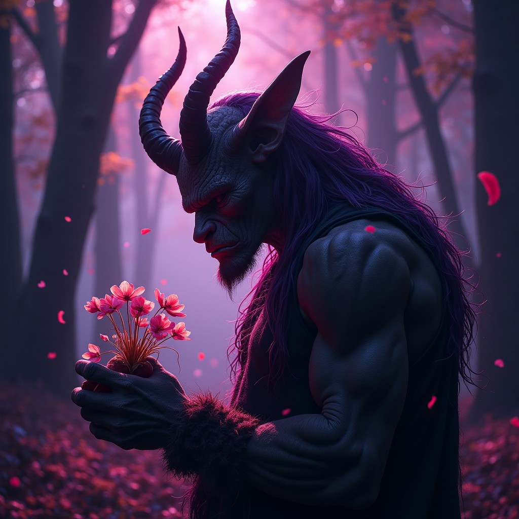 (Silhouette Art, hyperrealistic art, portrait of a tired Orc with flowers).  heart shaped chocolates and flowers, Cyberpunk, purple, black, galaxy, stars, sunlight filters through a dense canopy of trees, casting a shimmering glow on the forest floor, magnificent, shiny, intriguing weirdness, faetastic extravaganza, mystery of darkness,