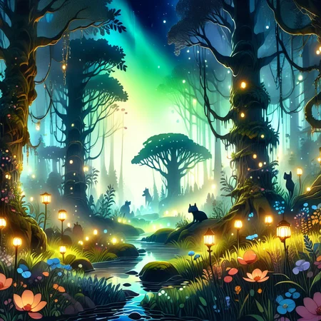 best quality, high resolution, Highly detailed Dynamic shot, SoftWaterColors, a serene forrest at night, old forest, high trees, calm lighting, glowing flowers in various colors, (aerial shot: 1.5), intricate details, Depth of field, silhouettes of small animals, BREAK,
<lora:SoftWatercolors:1>, <lora:SDXLFaeTastic2400:0.8>