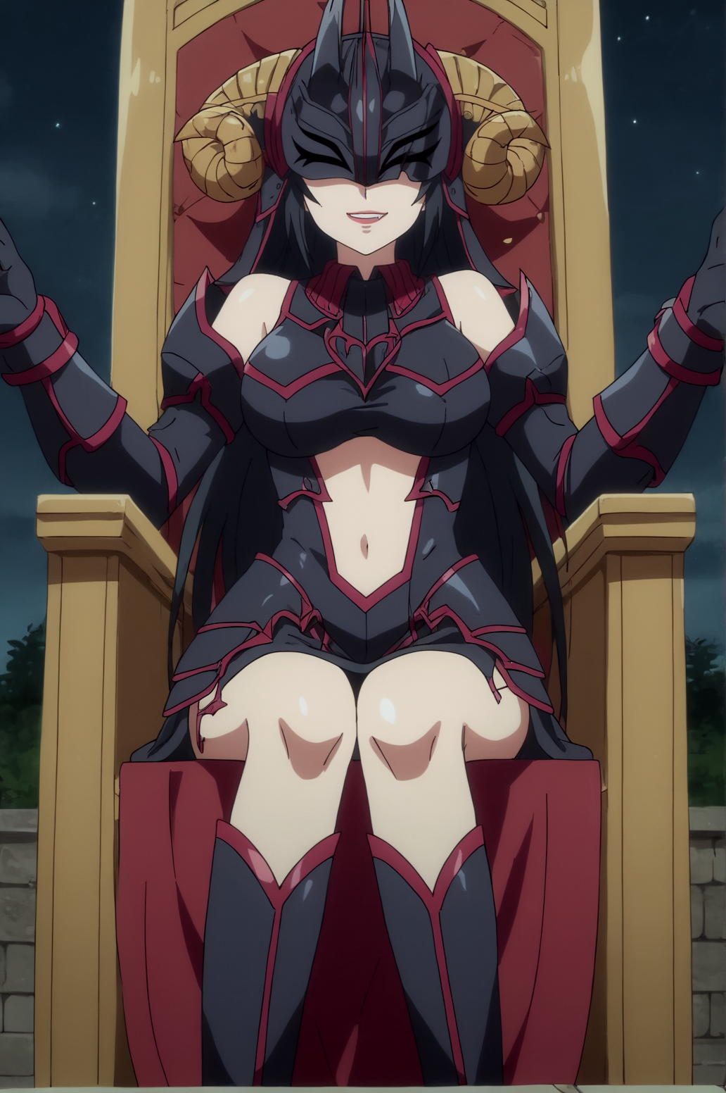 score_9, score_8_up, score_7_up,anime_source, source_anime, best background, detailed background, anime screencap,  Noire, Warrior Outfit, solo, dynamic angle, naughty face, outdoors, night, throne, sitting, tsundere, hidden eyes,  <lora:JN_Noire:0.8>