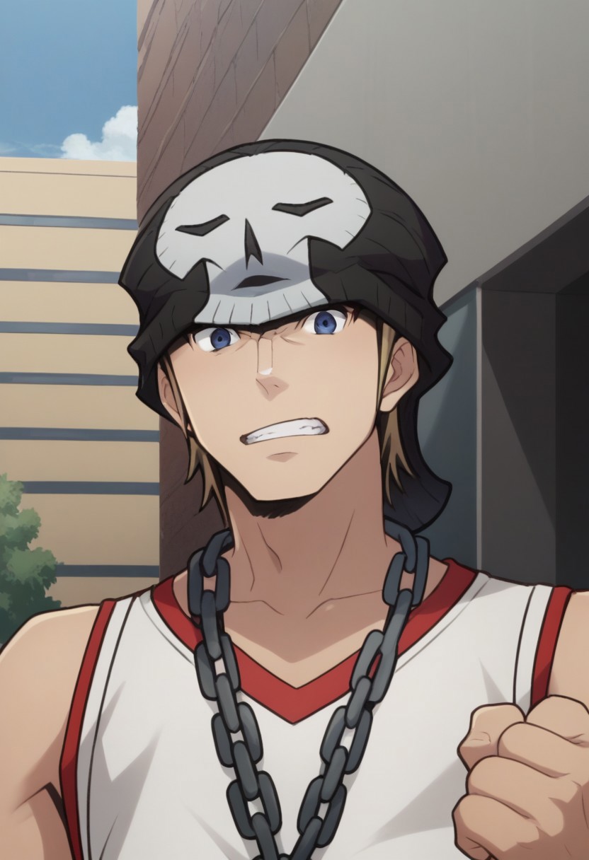 score_9, score_8_up, score_7_up, source_anime, highly detailed,  
daisuke, 1boy, solo, blue eyes, male focus, chain, looking at viewer, chain necklace, blonde hair, necklace, white shirt, beanie, upper body, clenched fist, teeth,
outdoor, street, building, sky, cloud,