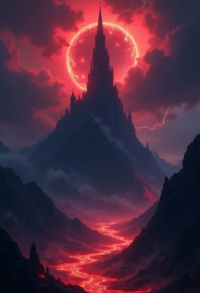 a dark fantasy tower, situated at the peak of a steep mountain, surrounded by rivers and lakes of boiling magma, silhouetted against a stormy sky, with clouds of dark red, purple and dark blue swirling round a black hole, forks of lightning striking down. High Detail, Perfect Composition, fantasy art poster image, red, purple and dark blue themes, interesting backlighting, high contrast