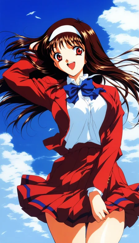 score_9, score_8_up, score_7_up, source_anime, rating_explicit, BREAK <lora:Yuuki_Mizuho_OVA_XL:1>1990s \(style\),anime coloring, 
Yuuki_Mizuho_OVA, 1girl,solo,long hair, brown hair, white hairband, red eyes, open mouth, blue ribbon, 
school uniform,red skirt, breasts, red blazer, outdoor, day, sky, school, smile,looking at viewer, cowboy_Shot,