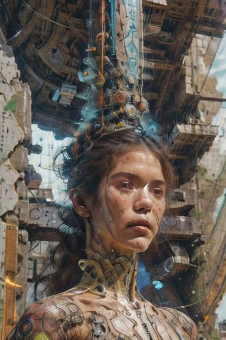 2d artwork, line artwork, comic aesthetics, (close-up:1.5), 3/4 view, (from below:1.5), gorgeous time travel woman, looking at viewer, surreal, breathtaking high-tech hardware background, line noise, ancient, retrofuturism, old comic paper, cyberpunk, crazy scenery,