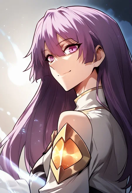 zPDXL3, score_9_up, score_8_up, score_7_up, (Anime_source), 1girl, SuJinyan, pink eyes, lavender hair, long hair, Su clothes, upper body, looking at viewer, smile, closed mouth, glowing body, shaded face, shaft look, looking back, from behind, head tilt,