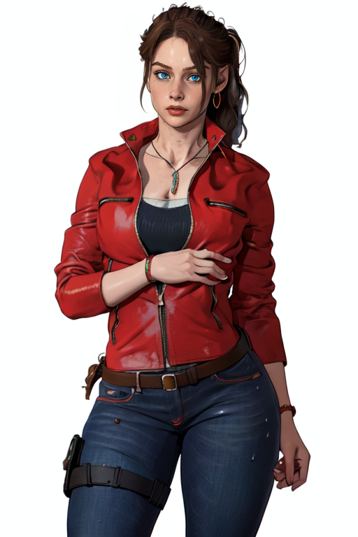 masterpiece,best quality,face detail,extreme detail,8k,white background,<lora:claireredfield:0.8>,claireredfield2,1girl,solo,blue eyes,brown hair,jewelry,jacket,ponytail,belt,pants,necklace,red jacket,jeans,wide hips,thighs,medium breats,