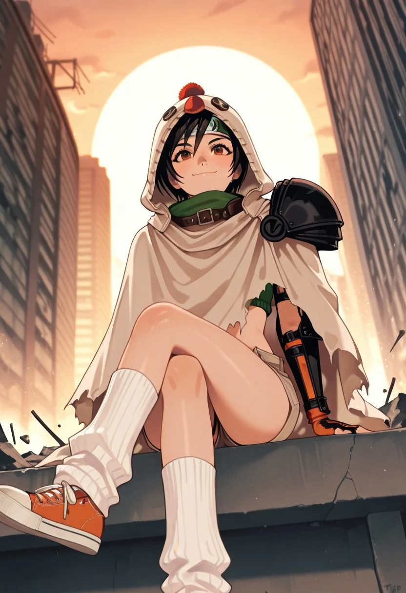 masterpiece,best quality,amazing quality,very aesthetic,absurdres,newest, detailed faces, (((typ0))), (vibrant, dynamic lighting, edge lighting), (dramatic lighting:1.5), (detailed faces:1.5), (detailed eyes:1.5), city, rubble, sunset
BREAK
(1girl: Yuffie Kisaragi, black hair, short hair, asian, petite, MoogleYuffie, hood, cowl, cloak, long cloak, single leg fishnet, single arm fishnet, arm guard, leg warmers, headband, pauldron, fingerless gloves, beige shorts, open fly, orange sneakers)
BREAK
smile, sitting on edge of building, concrete building, destroyed building, sitting, legs crossed