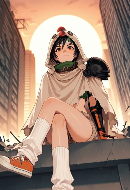 masterpiece,best quality,amazing quality,very aesthetic,absurdres,newest, detailed faces, (((typ0))), (vibrant, dynamic lighting, edge lighting), (dramatic lighting:1.5), (detailed faces:1.5), (detailed eyes:1.5), city, rubble, sunset
BREAK
(1girl: Yuffie Kisaragi, black hair, short hair, asian, petite, MoogleYuffie, hood, cowl, cloak, long cloak, single leg fishnet, single arm fishnet, arm guard, leg warmers, headband, pauldron, fingerless gloves, beige shorts, open fly, orange sneakers)
BREAK
smile, sitting on edge of building, concrete building, destroyed building, sitting, legs crossed