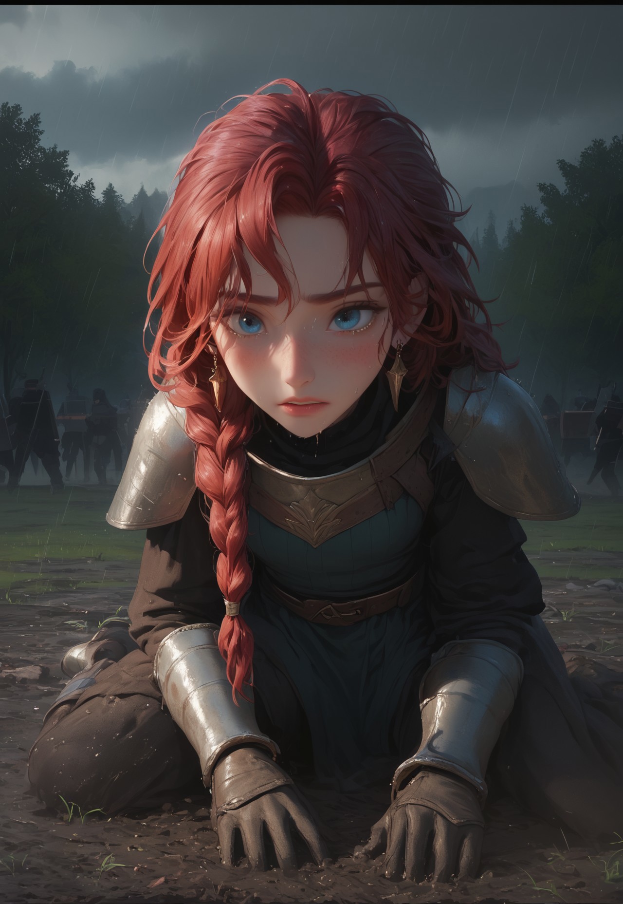 1girl, solo, 24 year old girl, large body, kneeling in the mud:1.4, detailed face:1.4, stunning beauty, warrior goddess:1.3, flushed cheeks, long dark red hair, freckles:1.4, face uplifted:1.3, face turned up, chin lifted to sky, earrings, upset:1.3, tears flowing down her face1.3, grimacing, in pain, wide hips, full set of knight armor:1.5, bulky metal armor, armored boots, gauntlets, greaves, bright blue eyes:1.3, leaning back:1.3, arms at her sides, rain falling on her face:1.5, sorrow, 

dusk, after battle, muddy field, some grass, fallen soldiers around her:1.4, faceless knights lying in the mud:1.3, storming, gray sky, dark sky, streaming banners, battlefield, intense rain:1.3, dreary, raining, overcast, mountains and hills in the background,

score_9, score_8_up, score_8, masterpiece, best quality, official art, extremely detailed, CG unity 8k wallpaper, highly detailed, absurdres, high definition, photorealism:1.5, detailed shading, high contrast, ambient occlusion, vivid colors:1.5, saturated colors:1.6, ray tracing, 

upward angle:1.3, cowboy shot, cinematic, 

expressiveh, 