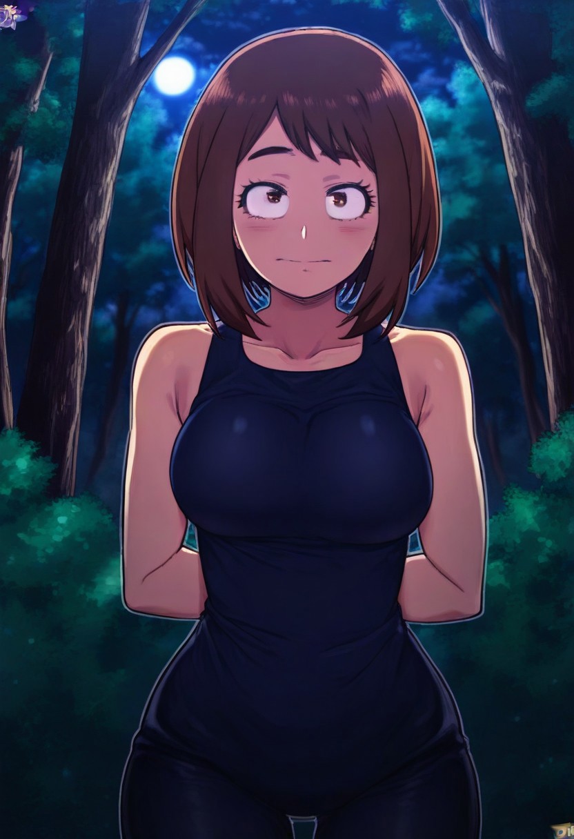 masterpiece, uhd, high quality, perfect eyes, perfect face, 1girl, narrow shoulders, looking at viewer, ochako_uraraka,boku_no_hero_(series), close neckline, cowboy shot, three-quarter-view
Outdoors, forest, nocturnal , moonlight, night, (gravity-affected folds:1.1)