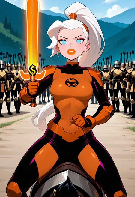 masterpiece, best quality, amazing quality, very aesthetic, absurdres, newest, ((screencap, parody, cartoon))
drewsat, 1girl, long hair, white hair, ponytail, blue eyes, makeup, lipstick, eyeshadow,
armor,, orange bodysuit
expressive face,
riding horse, medieval armor, holding orange sword, glowing sword, army, medieval battleground, dull sky, arrows,