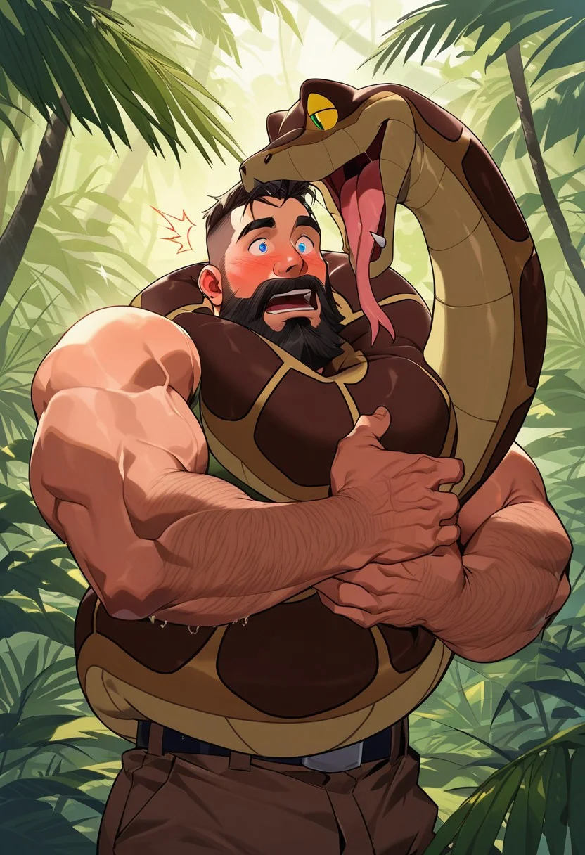 Kaa(snake, big snake, Kaa head, kaa eyes, cunning, sly, in control) and Male(human, mature male, facial hair, beard, muscular, surprised by Kaa, looking at Kaa, fascinated), Male looks at Kaa, Male wants to look at Kaa, Kaa looks at Male, Kaa wants to hypnotize Male, Kaa and Male have eye contact, Kaa is in front of Male's face, Kaa has direct line of sight of Male, no obstruction between Kaa's eyes and Male eyes BREAK bara, best quality, amazing quality, score_9, score_8_up, score_7_up BREAK jungle, jungle scenery