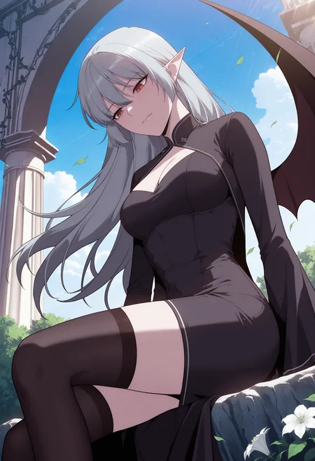 masterpiece,best quality,1girl,red eyes,devil_eyes,long hair,grey hair,hair between eyes,pointy ears,flowing hair,medium breast,cleavage,VampireDZ1,black dress,pencil dress,high collar,collared dress,cut-out dress,open back,white trim,black robe,long sleeves,flowing sleeves,flared cuffs,bat wings,demon wings,red lining,thigh-highs,garter straps,1girl, solo, masterpiece, newest, absurdres, best quality, amazing quality, very aesthetic, ultra-detailed, highly detailed, anime-style, detailed background, vibrant colors, delicate, dreamy, cinematic lighting,volumetric lighting,ray tracing, dramatic shadows,dappled light, clouds, low angle side view, outdoors, architecture, pillar, bush, (nature:0.9), vines, white flower, wind, falling leaves, music, piano, playing instrument, playing piano, sitting, looking down, arch, blue sky, rock, sitting on rock, closed mouth,
anime screencap,anime coloring,<lora:AliceF7:1>,<lora:anime_screencap-IllustriousV2:0.7>,