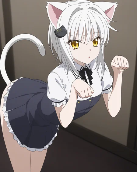 best quality,masterpiece,highres,absurdres,1girl,solo,newest,rating: general, <lora:Paw_pose_XL:0.7> ,(paw pose,standing),cat ears,tail,<lora:koneko_tojou_XL:0.8> ,(koneko_tojou, hair ornament, white hair, 1girl, short hair, yellow eyes, cat hair ornament,anime coloring)