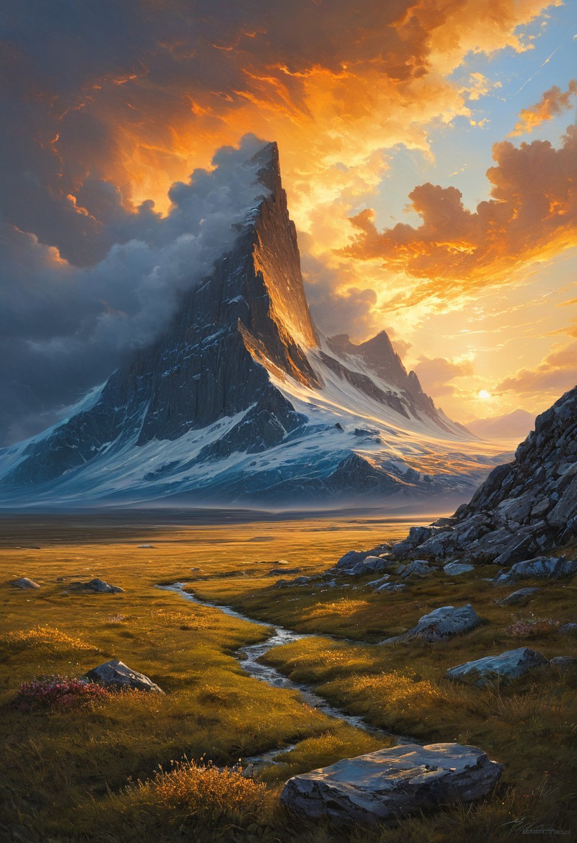 (masterpiece:1.4), (intricate details:1.4), (hyperrealistic:1.3),(painting:0.9),(fantasy landscape:1.3), Arctic tundra with permafrost patterns, Supercell rotating over prairie, Mammatus pouches under storm deck, Golden hour sidelight emphasizing texture, Yardang wind-sculpted ridges, Albert Bierstadt: (luminous skies), (dramatic mountain vistas), (hyperrealistic naturalism), (golden hour glow), Abandoned clockwork metropolis Long shot, Monochrome color guide,