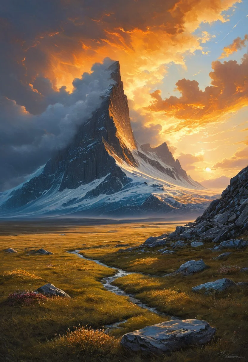 (masterpiece:1.4), (intricate details:1.4), (hyperrealistic:1.3),(painting:0.9),(fantasy landscape:1.3), Arctic tundra with permafrost patterns, Supercell rotating over prairie, Mammatus pouches under storm deck, Golden hour sidelight emphasizing texture, Yardang wind-sculpted ridges, Albert Bierstadt: (luminous skies), (dramatic mountain vistas), (hyperrealistic naturalism), (golden hour glow), Abandoned clockwork metropolis Long shot, Monochrome color guide,