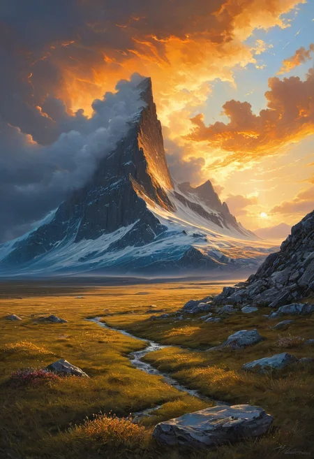 (masterpiece:1.4), (intricate details:1.4), (hyperrealistic:1.3),(painting:0.9),(fantasy landscape:1.3), Arctic tundra with permafrost patterns, Supercell rotating over prairie, Mammatus pouches under storm deck, Golden hour sidelight emphasizing texture, Yardang wind-sculpted ridges, Albert Bierstadt: (luminous skies), (dramatic mountain vistas), (hyperrealistic naturalism), (golden hour glow), Abandoned clockwork metropolis Long shot, Monochrome color guide,