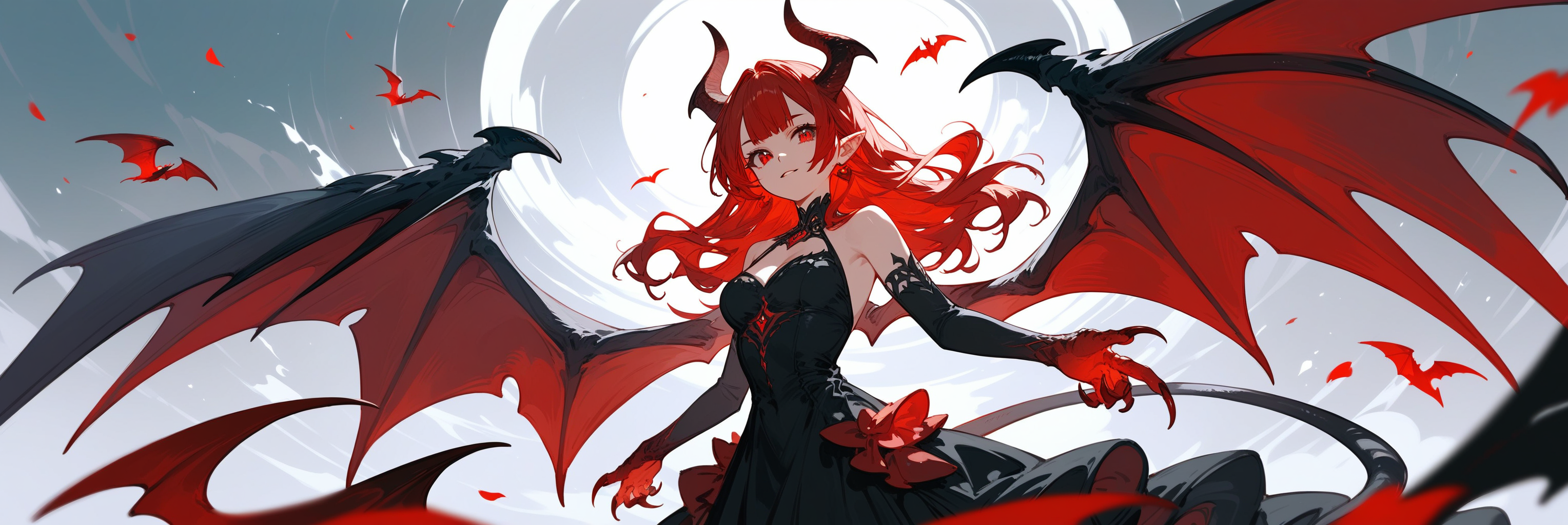 (score_9,score_8_up,score_7_up),1girl,girl demon,red hair,red eyes,wings,claws,black dress,beautiful_face,