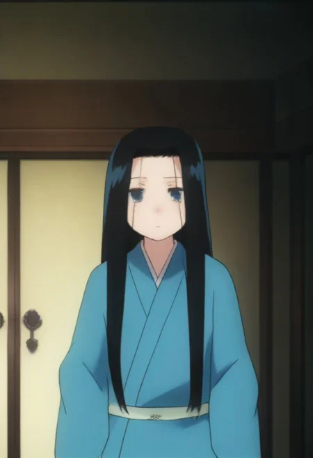 Masterpiece, Top Quality, source_anime, anime screencap, source_anime, auratheguillotine, anime screencap, masterpiece, source_anime, shiny skin,,,,anrakutei, blue_eyes, black_hair, very_long_hair, blue_kimono, long_sleeves, wide_sleeves,