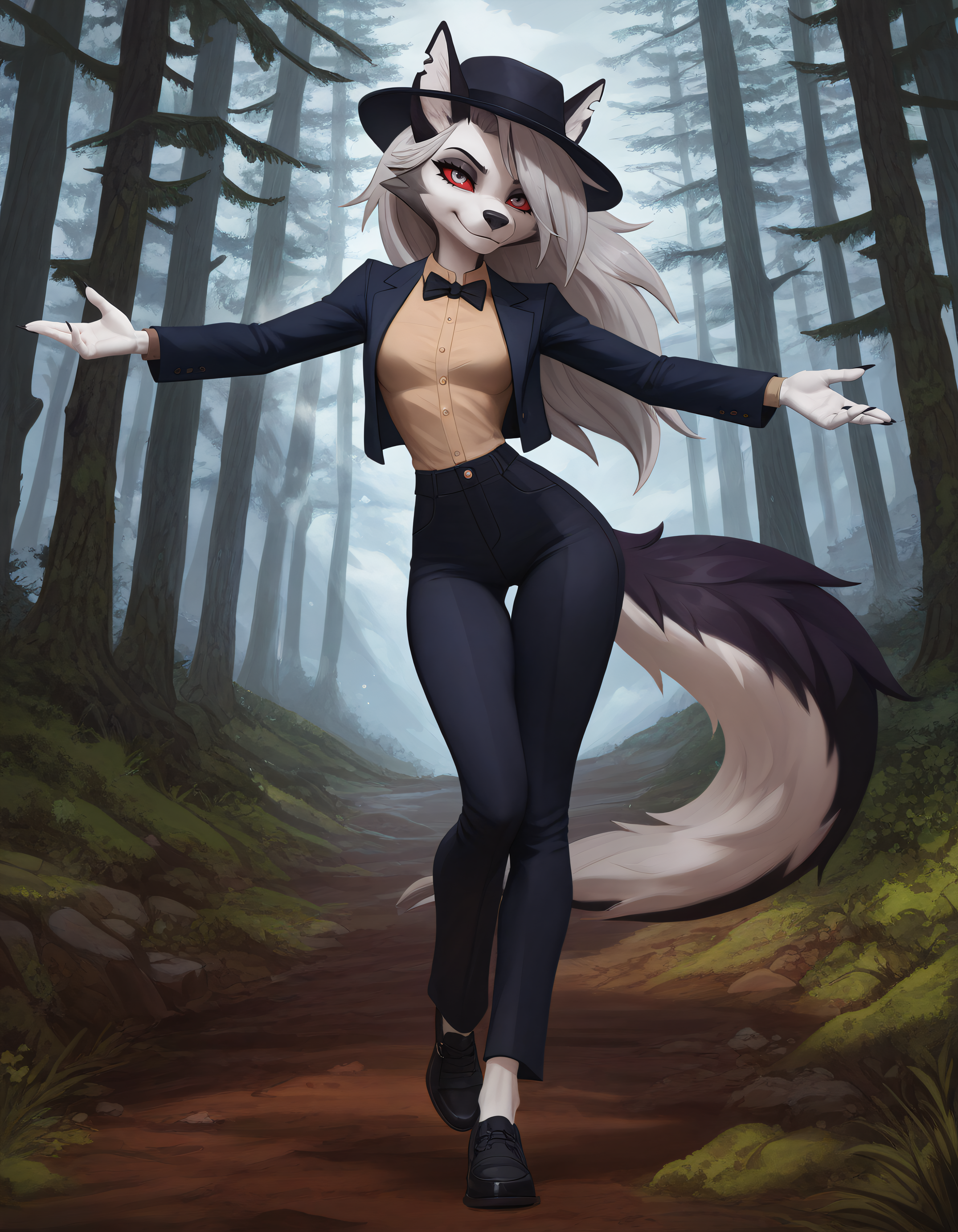 very awa, masterpiece,best quality,amazing quality, best quality, newest, absurdres, highres, detailed background, detailed hair, depth of field, detailed skin, best quality, amazing quality, very aesthetic, high resolution, ultra-detailed, absurdres, OverallDetailXL, skinny, narrow waist, thigh gap, aged up, evulchibi_style, furry, animal ears, long snout, wolf girl, tail, furry female, wolf ears, loona, hellhound, claws, red eyes, wolf tail, breasts, medium breasts, (red sclera:0.8), (white eyes:0.8),(4 fingers:1.2), body fur, dancing, spinning, arms_outstretched, looking_at_viewer, standing,, day,light_snow,snowflakes,falling_snow,cloudy_sky,cold,grey_sky,, outdoors,landscape,nature,forest,deep_forest,tall_tree,tree_trunk,canopy,sunbeam,dappled_sunlight,moss,forest_floor,day,, tailored jacket, wide leg trousers, Dark Sand Brown blouse, tie or bow tie, cloche hat or fedora, oxford shoes,,,  ,