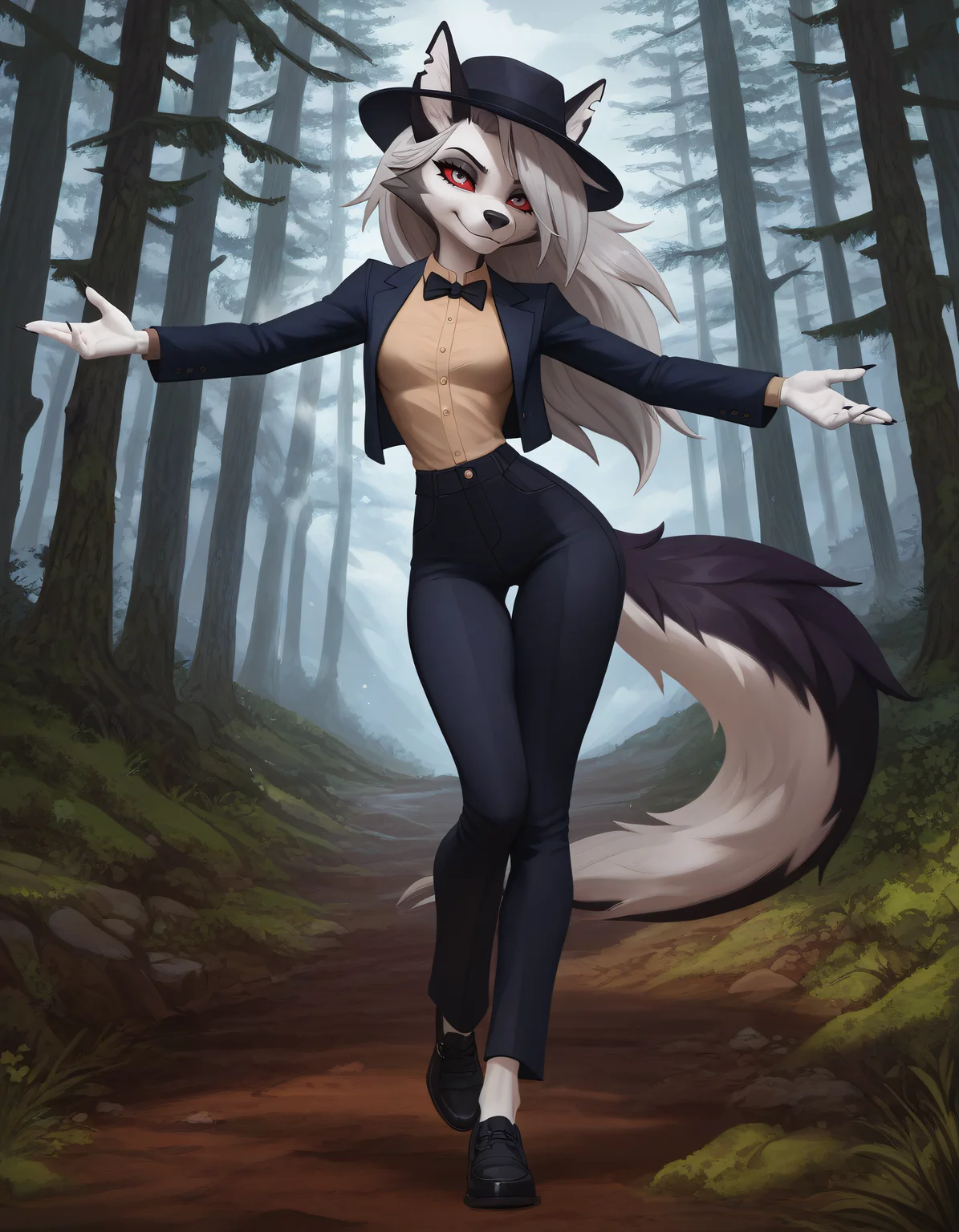 very awa, masterpiece,best quality,amazing quality, best quality, newest, absurdres, highres, detailed background, detailed hair, depth of field, detailed skin, best quality, amazing quality, very aesthetic, high resolution, ultra-detailed, absurdres, OverallDetailXL, skinny, narrow waist, thigh gap, aged up, evulchibi_style, furry, animal ears, long snout, wolf girl, tail, furry female, wolf ears, loona, hellhound, claws, red eyes, wolf tail, breasts, medium breasts, (red sclera:0.8), (white eyes:0.8),(4 fingers:1.2), body fur, dancing, spinning, arms_outstretched, looking_at_viewer, standing,, day,light_snow,snowflakes,falling_snow,cloudy_sky,cold,grey_sky,, outdoors,landscape,nature,forest,deep_forest,tall_tree,tree_trunk,canopy,sunbeam,dappled_sunlight,moss,forest_floor,day,, tailored jacket, wide leg trousers, Dark Sand Brown blouse, tie or bow tie, cloche hat or fedora, oxford shoes,,, ,