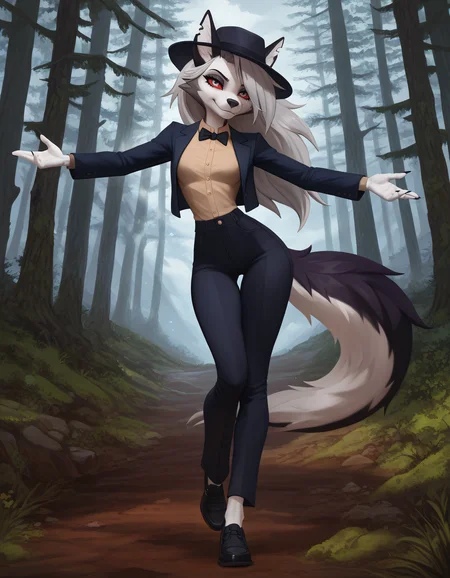 very awa, masterpiece,best quality,amazing quality, best quality, newest, absurdres, highres, detailed background, detailed hair, depth of field, detailed skin, best quality, amazing quality, very aesthetic, high resolution, ultra-detailed, absurdres, OverallDetailXL, skinny, narrow waist, thigh gap, aged up, evulchibi_style, furry, animal ears, long snout, wolf girl, tail, furry female, wolf ears, loona, hellhound, claws, red eyes, wolf tail, breasts, medium breasts, (red sclera:0.8), (white eyes:0.8),(4 fingers:1.2), body fur, dancing, spinning, arms_outstretched, looking_at_viewer, standing,, day,light_snow,snowflakes,falling_snow,cloudy_sky,cold,grey_sky,, outdoors,landscape,nature,forest,deep_forest,tall_tree,tree_trunk,canopy,sunbeam,dappled_sunlight,moss,forest_floor,day,, tailored jacket, wide leg trousers, Dark Sand Brown blouse, tie or bow tie, cloche hat or fedora, oxford shoes,,, ,